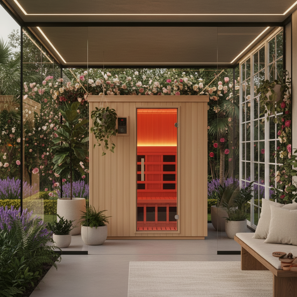 Infrared sauna and view of the garden