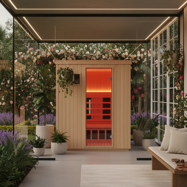 Infrared sauna and view of the garden