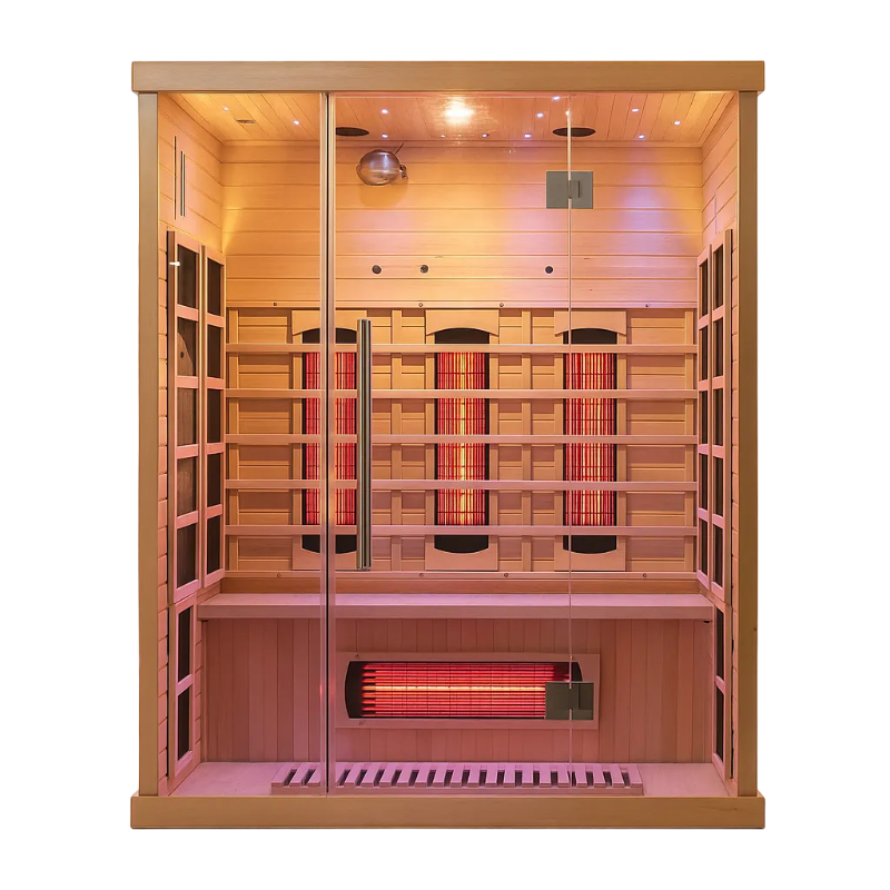 Infrared sauna cabin from Recovery & Wellness HQ with wooden interior and glass door, designed for relaxation and wellness.