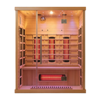Infrared sauna cabin from Recovery & Wellness HQ with wooden interior and glass door, designed for relaxation and wellness.