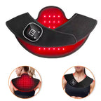 Aurevia NeckRelief Pro LED wrap in red and black, worn around the neck and shoulders.