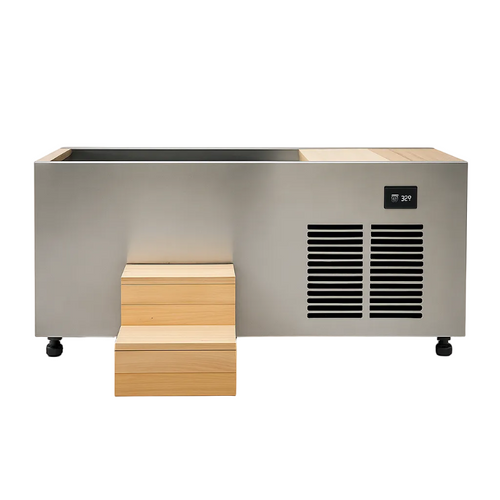 Frostline Atlas Pro integrated ice bath for cold plunges, with sleek stainless steel design and insulated tank for recovery and wellness.