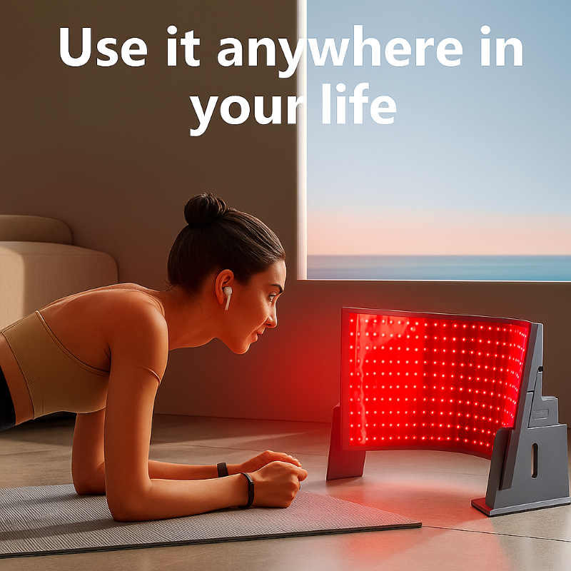 HelioCurve Elite Red/NIR Therapy Panel from Recovery & Wellness HQ emitting red and near-infrared light.