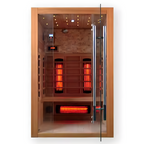 Heliox LuminaWood infrared sauna cabin by Recovery & Wellness HQ featuring wooden interior and infrared panels for relaxing heat session.