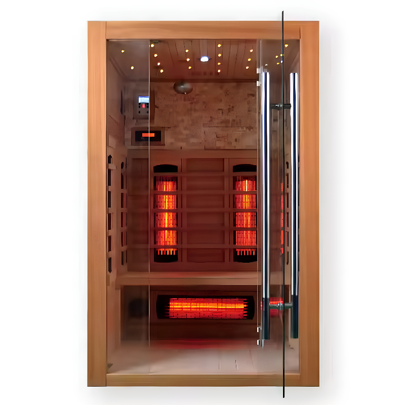 Heliox LuminaWood infrared sauna cabin by Recovery & Wellness HQ featuring wooden interior and infrared panels for relaxing heat session.