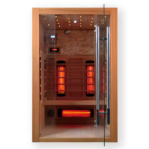 Heliox LuminaWood infrared sauna cabin by Recovery & Wellness HQ featuring wooden interior and infrared panels for relaxing heat session.