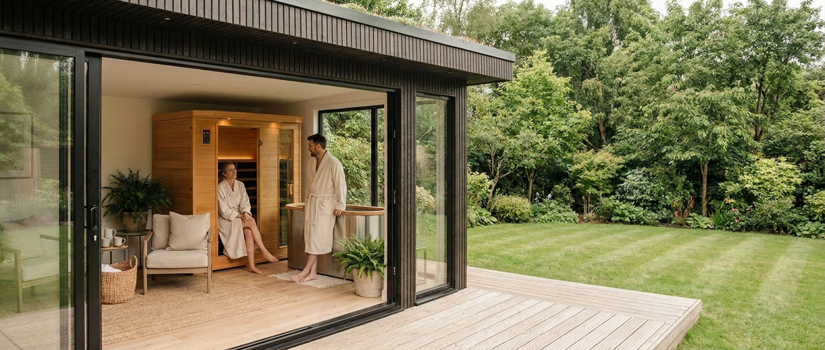 A modern outdoor hot tub and sauna setup on a wooden deck, with two people in robes relaxing inside the sauna and sitting by the hot tub, set against a lush green backyard.