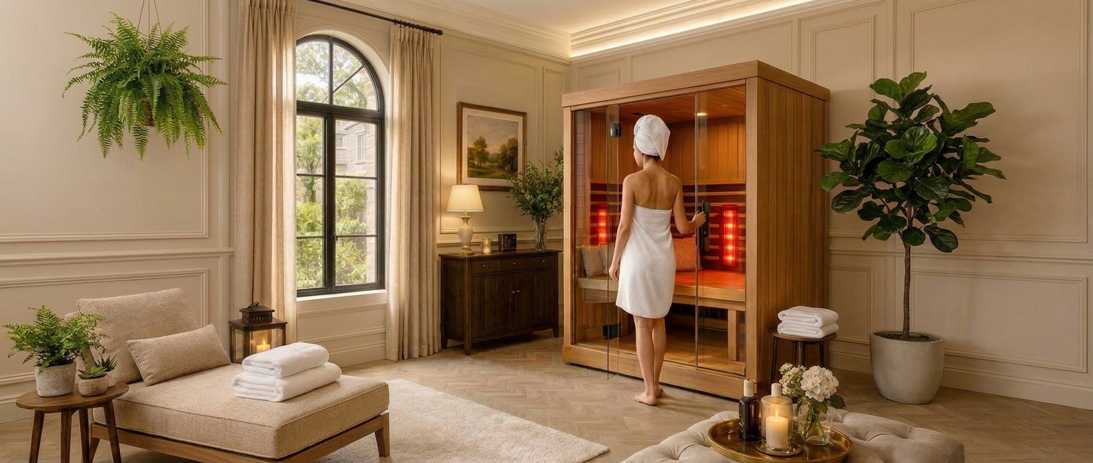A woman in a white towel stands inside a wooden infrared sauna in a luxurious spa room with beige walls, a chaise lounge, and potted plants.