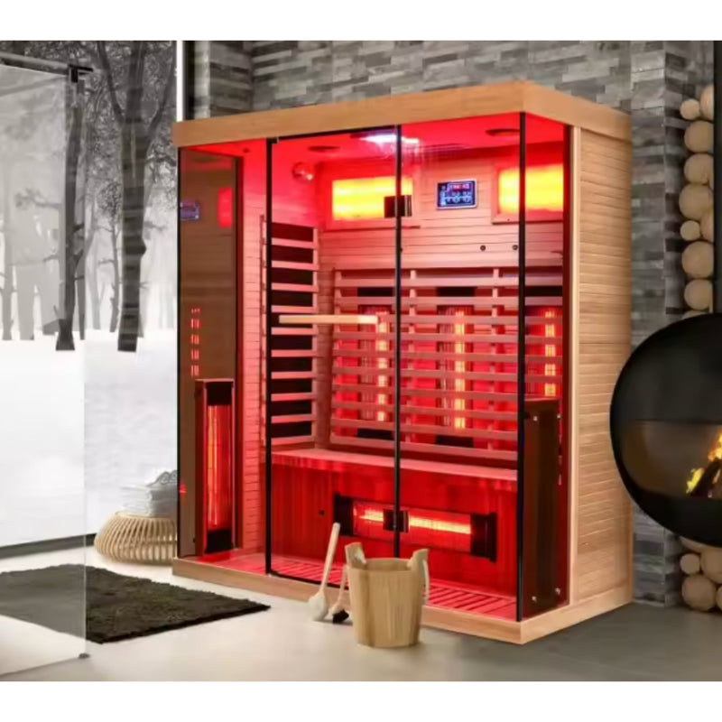 Interior view of NovaTherm DualVista Infrared Sauna Cabin by Recovery & Wellness HQ with wooden benches and infrared panels.