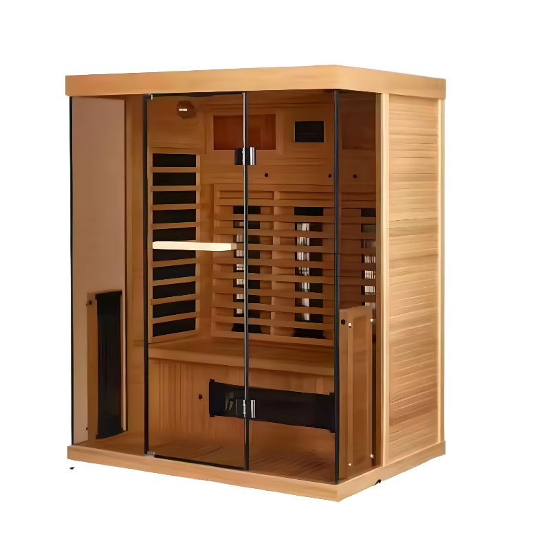 Infrared sauna cabin by Recovery & Wellness HQ featuring dual-view glass panels and sleek wooden interior design.