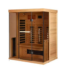 Infrared sauna cabin by Recovery & Wellness HQ featuring dual-view glass panels and sleek wooden interior design.