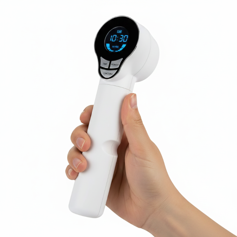 Photonix PulseThera handheld red and NIR light device with digital timer display.