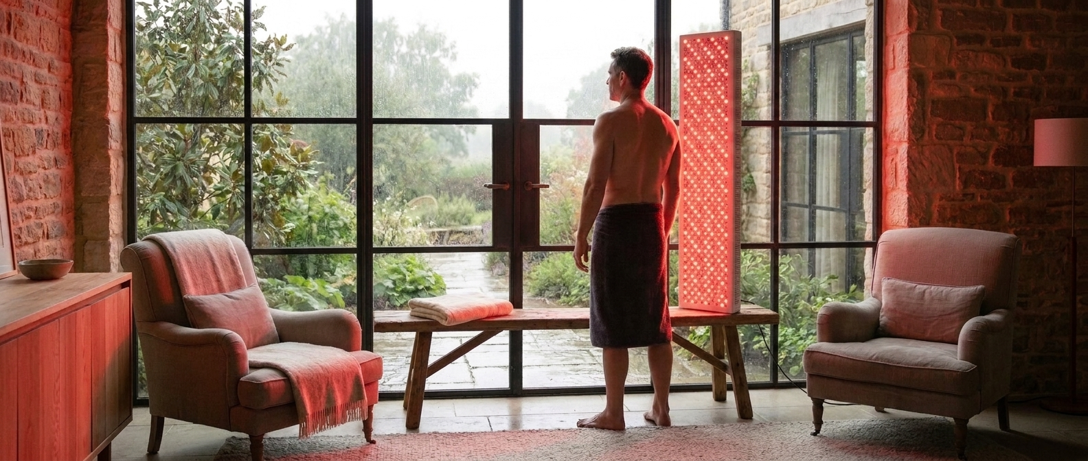 A shirtless man stands barefoot in a large room with brick walls, facing a tall window, next to the red and infrared light panel. Two upholstered armchairs sit on either side.