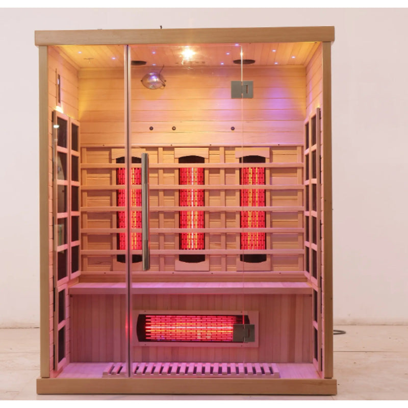 Infrared sauna cabin with wooden interior from Solvana RadiantCore by Recovery & Wellness HQ, designed for home relaxation.