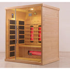 Infrared sauna cabin from Solvana RadiantCore by Recovery & Wellness HQ, featuring wooden interior and control panel for relaxing session.