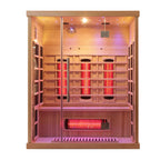 Infrared sauna cabin from Solvana RadiantCore by Recovery & Wellness HQ, showing the interior with wooden seating and infrared panels.
