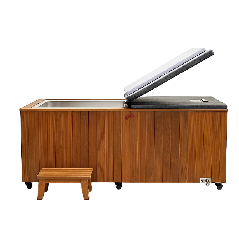 Wooden TimberChill Glacier Pro Cedar Ice Bath from Recovery & Wellness HQ, shown filled with cold water 