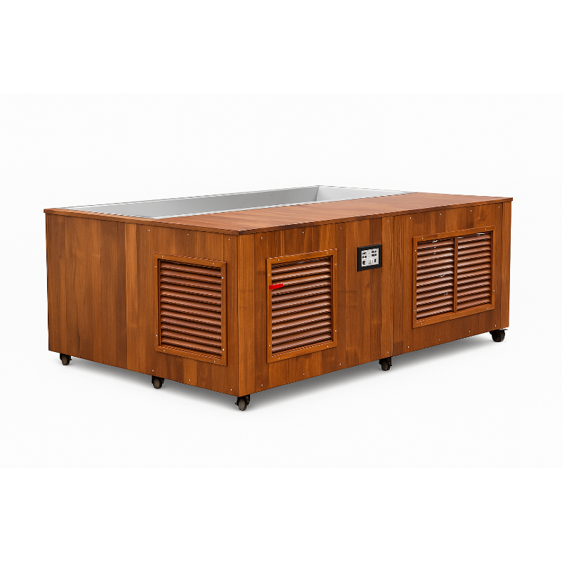 TimberChill Glacier Pro cedar ice bath by Recovery & Wellness HQ with wooden exterior and cooling unit 